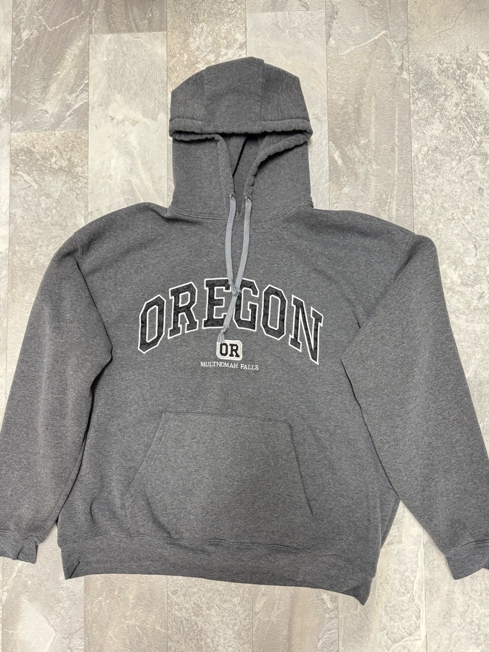 Oregon Multnomah Falls Gray Hooded Pullover Sweatshirt L